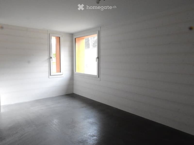 Empty room with white walls, dark grey floor, and two windows with white frames.