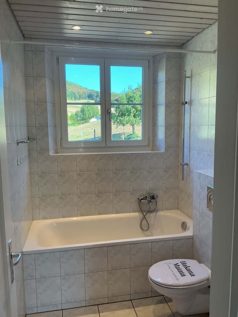 Bathroom with a bathtub, toilet, and showerhead, featuring tiled walls and a window with a scenic view.