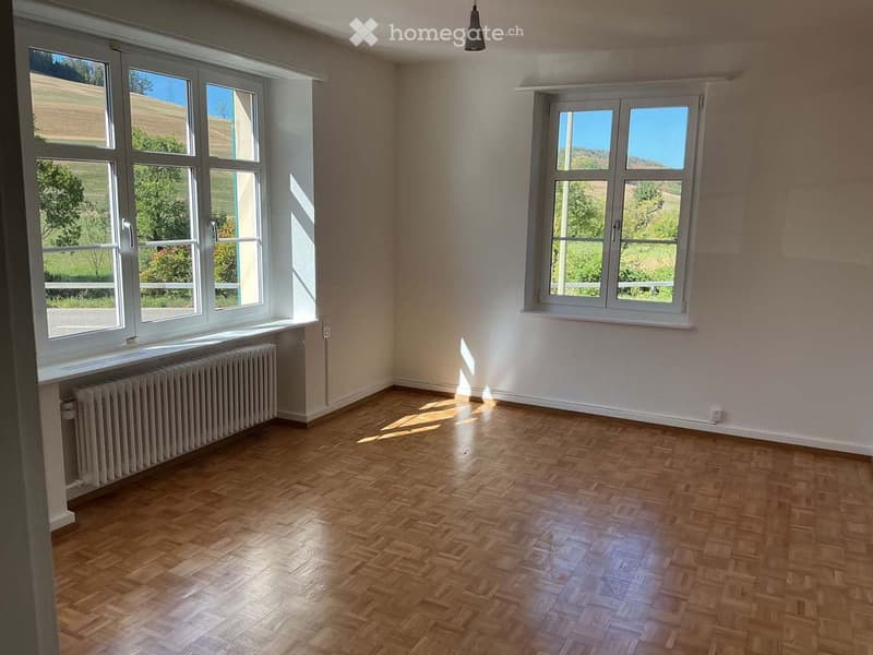 Empty room with wooden flooring, white walls, large windows, radiator, and natural light from the windows.