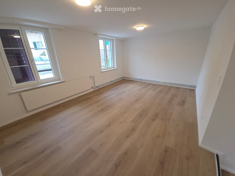 Empty room with wooden flooring, white walls, and large windows, featuring a radiator and recessed lighting.