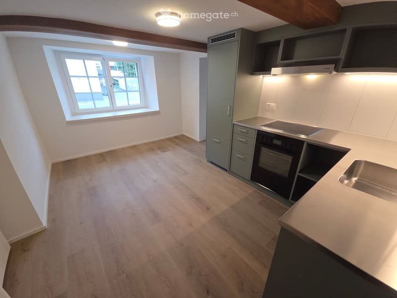 Modern kitchen with light wooden flooring, white walls, grey cabinets, and stainless steel appliances including a sink, oven, and countertop.