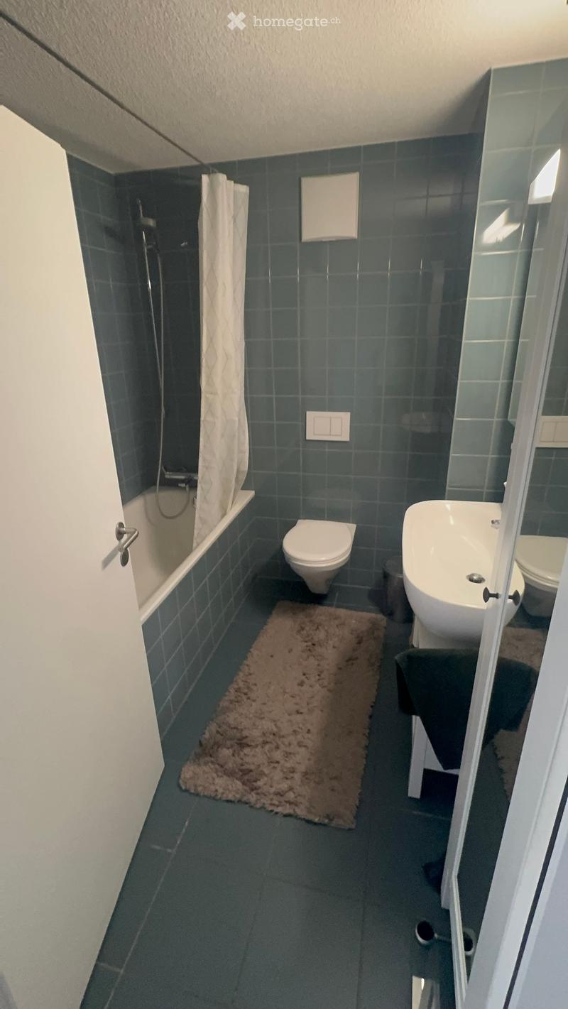 Modern bathroom with dark blue tiles, a bathtub, toilet, sink, and a shower area with a white curtain.
