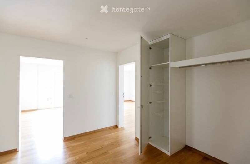 Empty room with light wooden flooring, white walls, and an open closet with empty shelves and hanging space.
