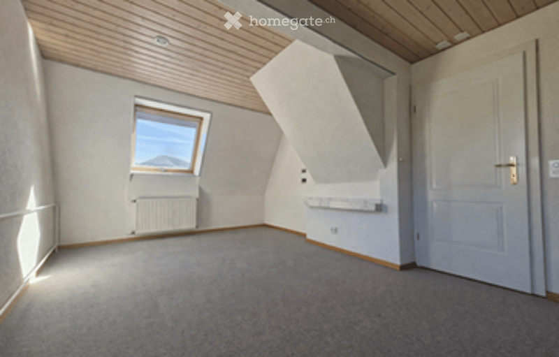 empty room, wooden ceiling, white walls, carpeted floor, window, radiator, door