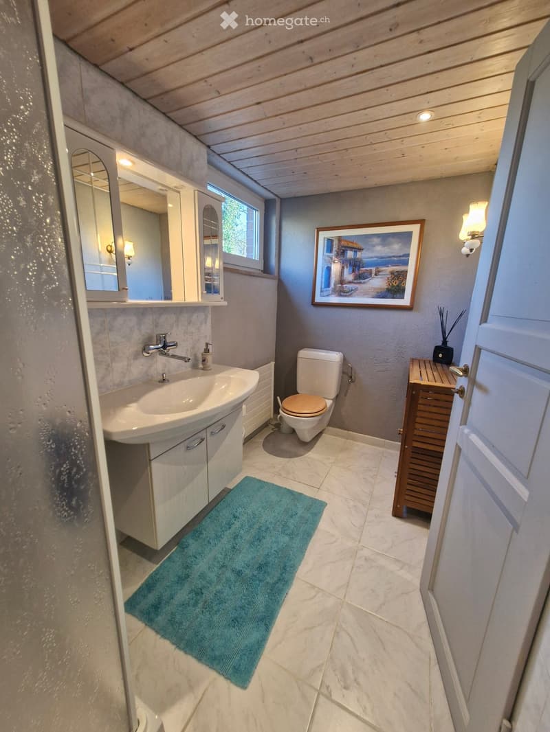 Bathroom with white tiles, wooden ceiling, white sink, mirror, toilet, blue rug, wooden cabinet, picture frame, wall lamps