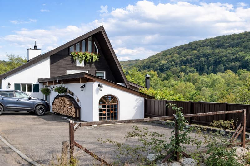 Two-story house with white and dark wood exterior, multiple windows, a chimney, and a small attached garage. A stack of firewood is near the entrance, and a car is parked in the driveway. The house is surrounded by a wooden fence and lush greenery with a