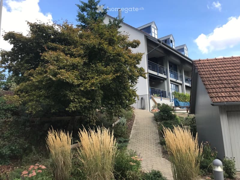 Modern two-story house with white exterior, multiple balconies, and a well-maintained garden with a brick pathway.