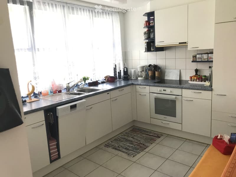 Modern kitchen with white cabinets, granite countertops, and stainless steel appliances including a sink, oven, and dishwasher. The space features a small rug on the floor and various kitchen items on the countertops.