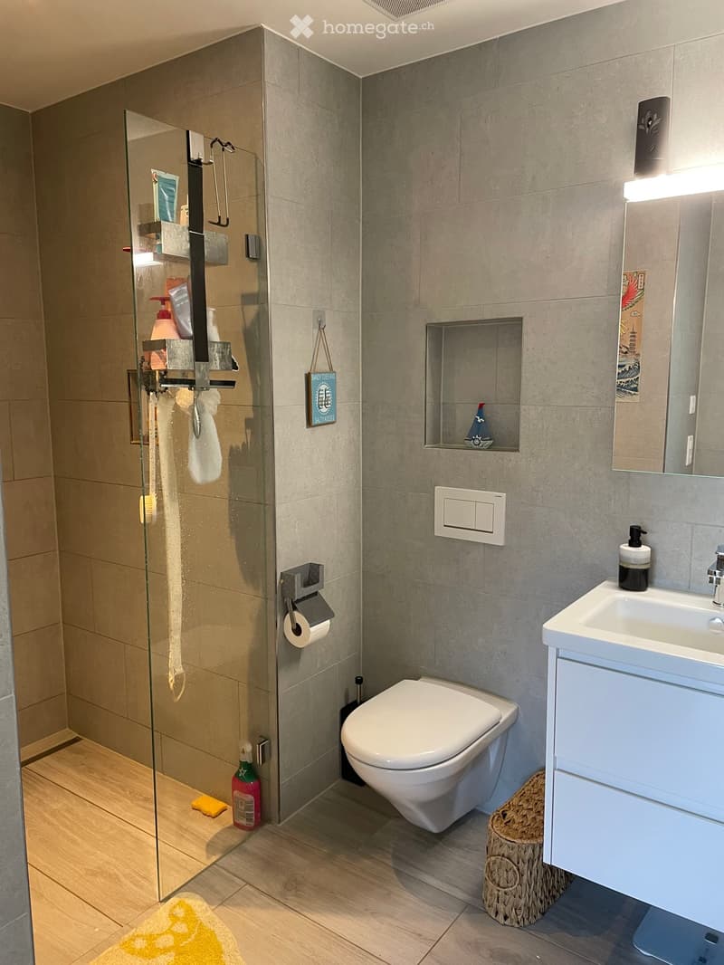 Modern bathroom with grey tiled walls, a white toilet, a sink with a mirror, a glass-enclosed shower, and a wicker basket on the floor.