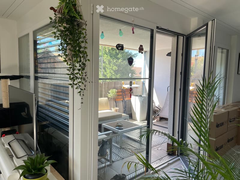 Balcony with a small table, chairs, and potted plants, connected to an indoor space with a TV and additional plants.