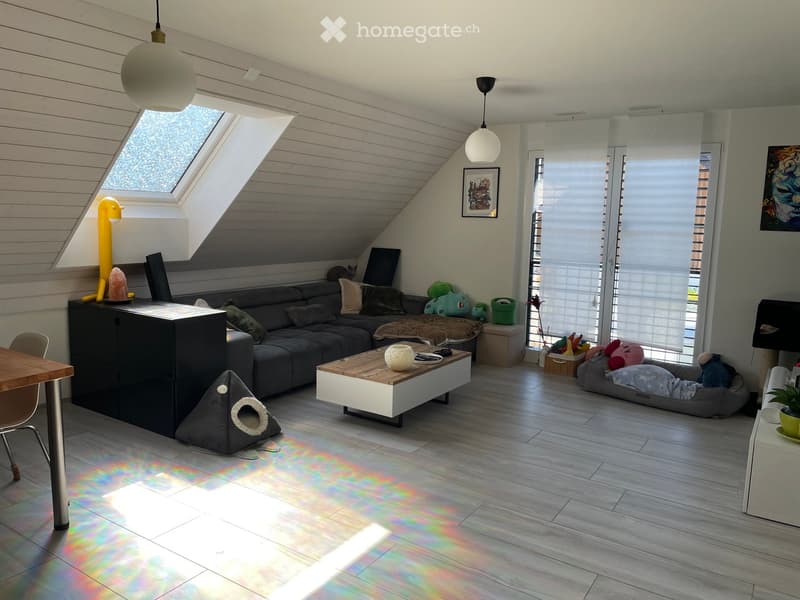 Bright living room with wooden flooring, skylight windows, modern furniture including a sofa, coffee table, and cat bed, with a cat tree and decorative items.