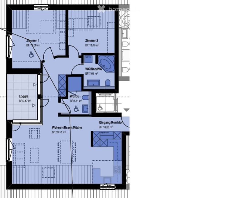 Floor plan of a residential unit with two bedrooms, two bathrooms, a living/dining/kitchen area, and a loggia.