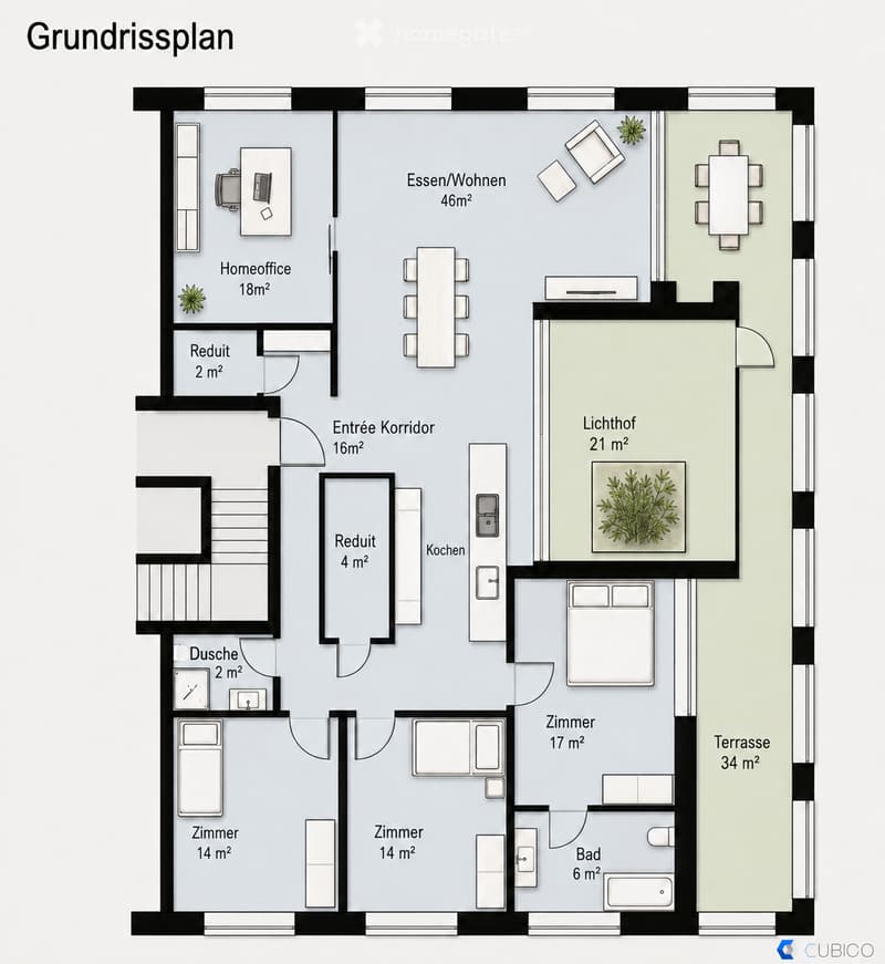 Floor plan showing a 46m² living/dining area, 18m² home office, 2m² and 4m² storage rooms, 16m² entrance corridor, 21m² lightwell, 34m² terrace, 14m² bedrooms, 6m² bathroom, and 17m² room.