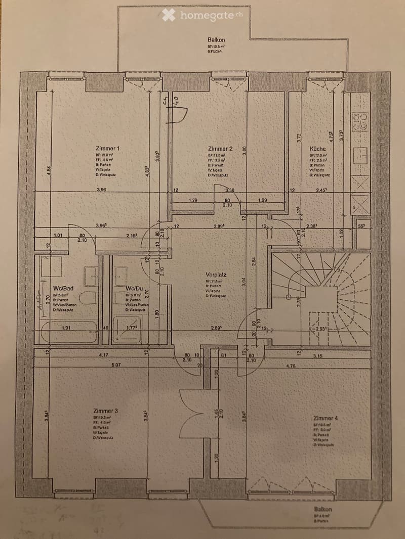 Floor plan showing four bedrooms, a kitchen, two bathrooms, a hallway, and a balcony.