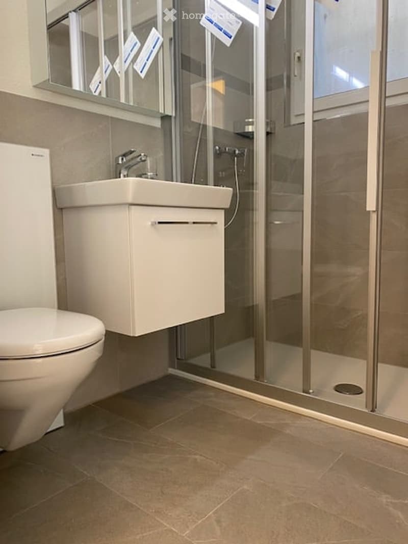 Modern bathroom with a white toilet, sink, and glass-enclosed shower stall. The floor is tiled in a warm beige color, and the walls are painted in a light neutral tone.