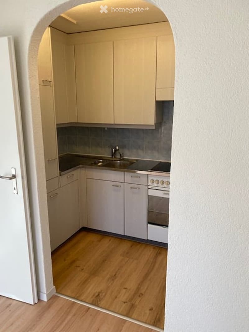 Modern kitchen with light-colored cabinets, wooden flooring, and stainless steel appliances including a sink, stove, and oven.