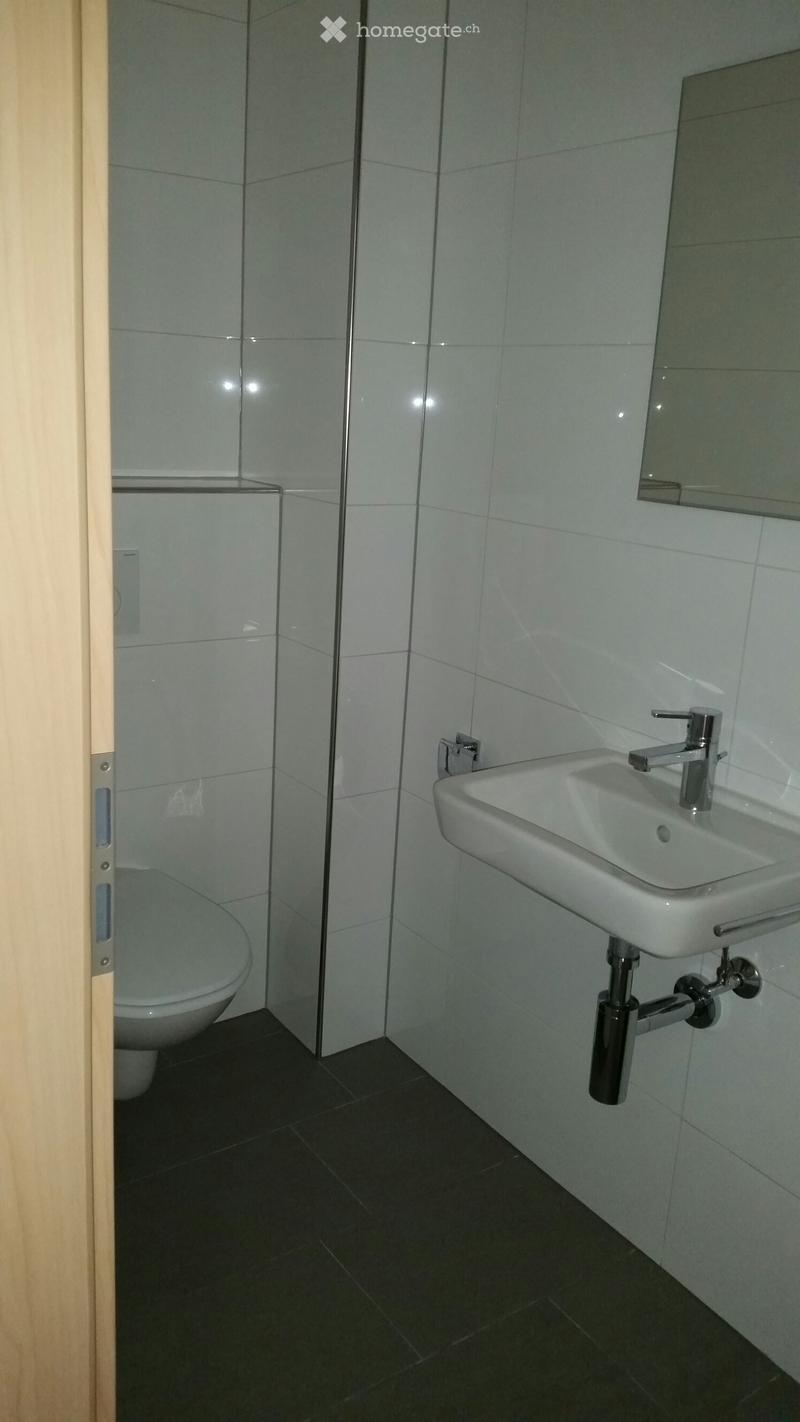 Modern bathroom with white tiles, a white sink with a chrome faucet, a toilet, and a mirror above the sink.