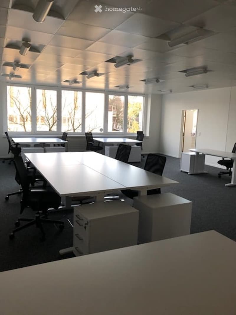 Bright, modern office space with large windows, white tables, black chairs, and gray cabinets.