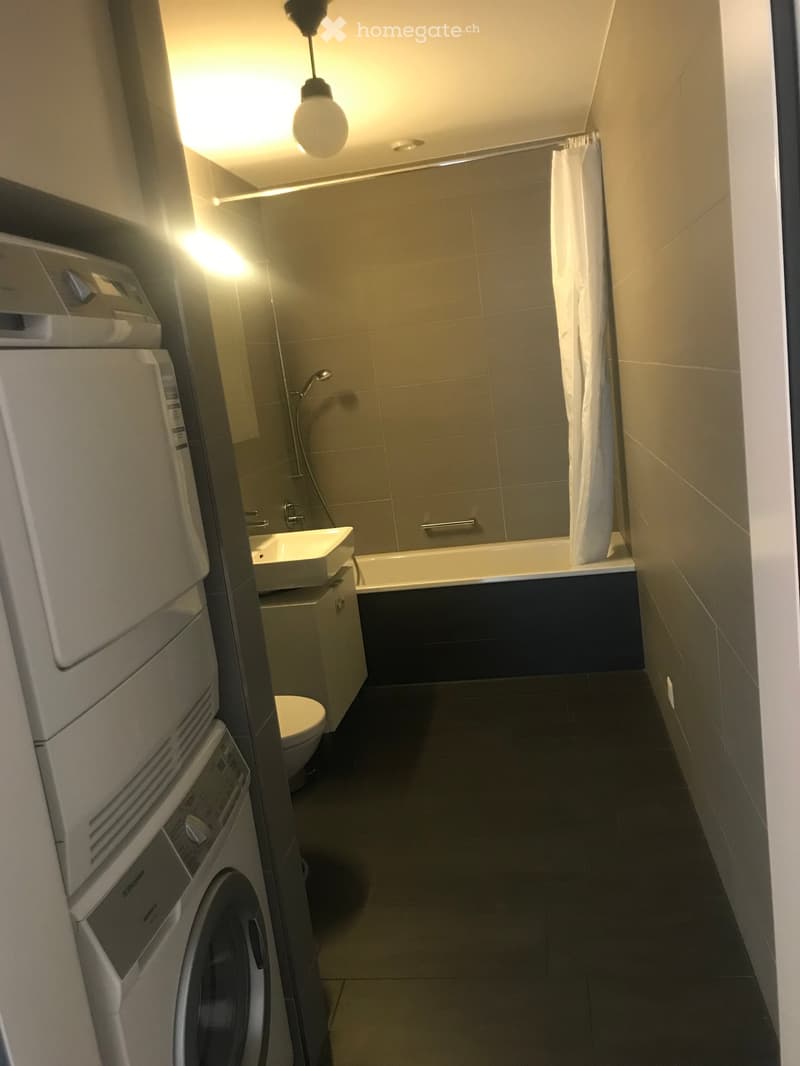 Modern bathroom with a bathtub, sink, toilet, and a shower curtain. Includes a washing machine and dryer unit on the left side.