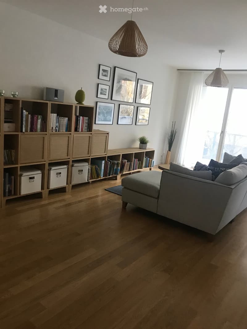 Modern living room with wooden flooring, a grey sectional sofa, a bookshelf filled with books, a small table with a plant, and several picture frames on the wall. Natural light streams in from large windows with sheer curtains.