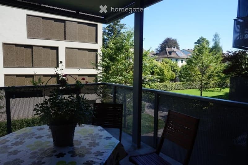 Balcony with a table, chairs, and potted plants, overlooking a green park with trees and houses.