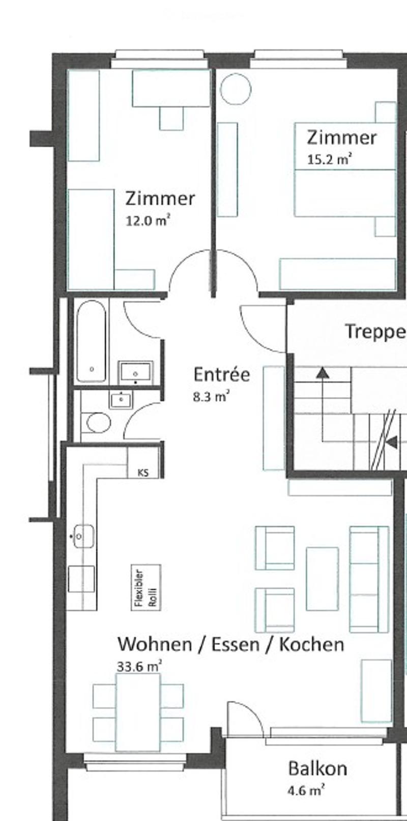 Floor plan showing a 3-room apartment with living/dining/kitchen area, two bedrooms, hallway, entrance, and balcony.