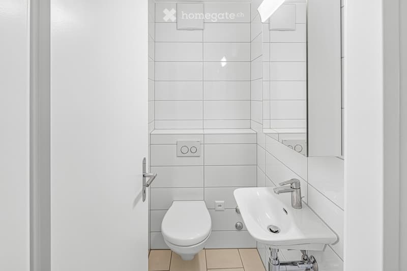 Modern bathroom with white tiled walls, a toilet, a sink with a chrome faucet, and a large mirror above the sink.