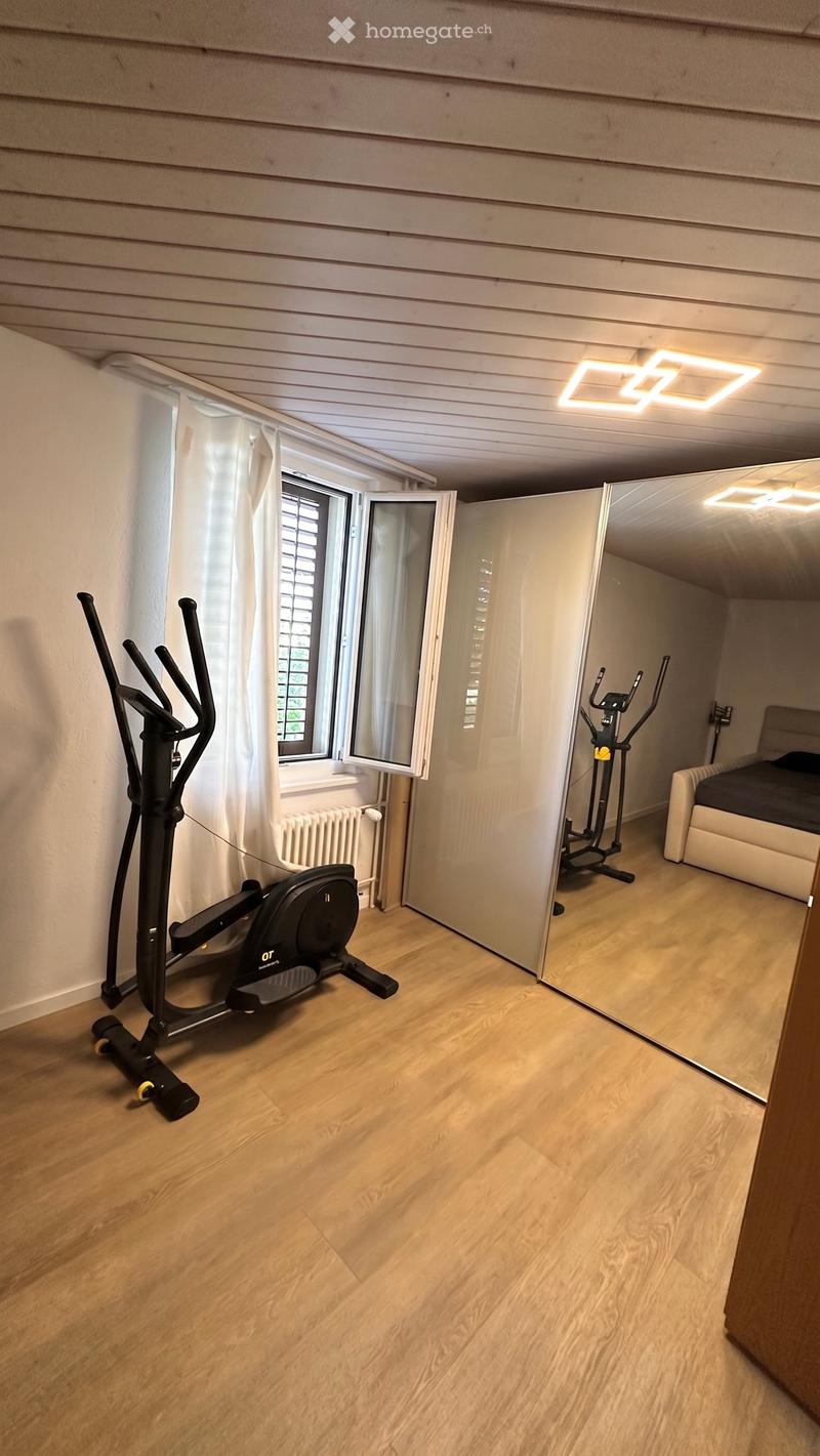 A multi-functional room with wooden flooring, exercise bike, mirror, sofa, and bed.