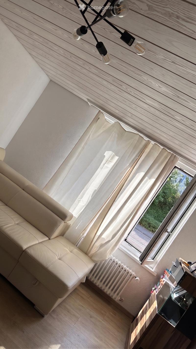 A modern living room with a light-colored sofa, a glass coffee table, a radiator, and a stylish chandelier hanging from the ceiling. The room features large windows with sheer curtains, allowing natural light to fill the space.