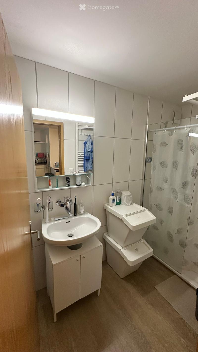 Modern bathroom with a white sink, mirror, toilet, and shower. The sink has a modern faucet and is placed on a small cabinet. The mirror has built-in lighting. The shower has a leaf-patterned curtain.