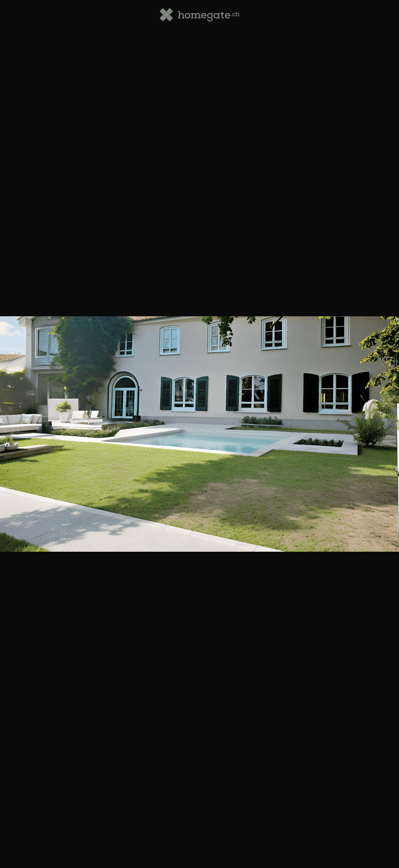Well-maintained garden with a swimming pool, lawn, and outdoor seating area near the house.