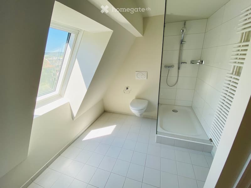 Modern bathroom with white tiled walls and floor, a toilet, a glass-enclosed shower, and a radiator. The room features large windows allowing natural light to enter.
