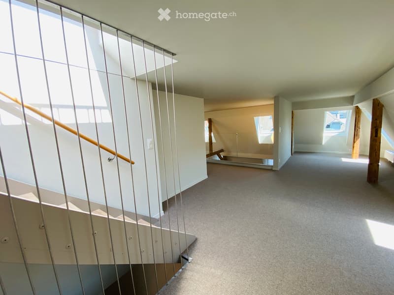 Bright, open hallway with modern glass railing, carpeted floor, and large windows allowing natural light.