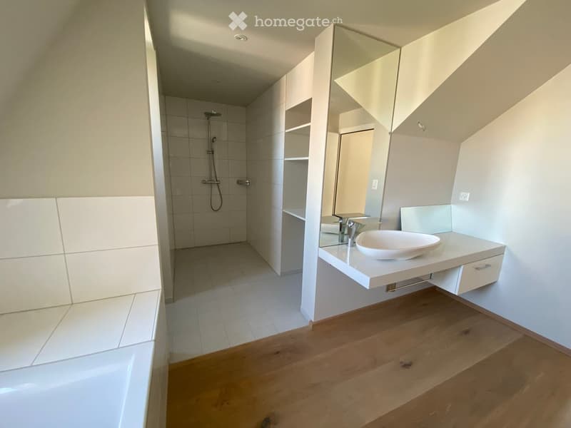 Modern bathroom with a white sink, large mirror, and a separate shower area with tiled walls and floor.