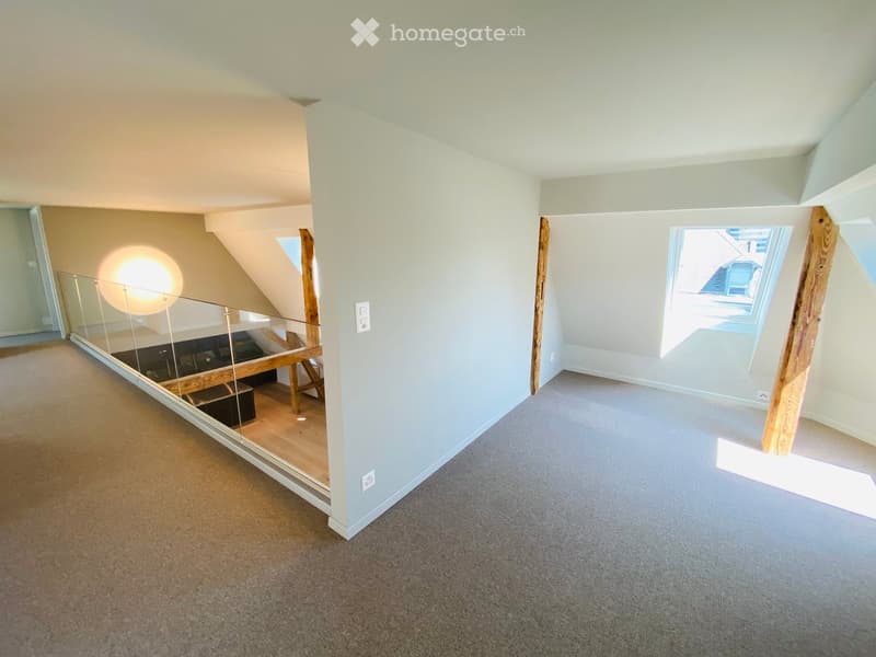 Empty attic space with sloped ceilings, carpeted floor, and skylight windows allowing natural light. Features a glass-enclosed staircase leading to a lower level.