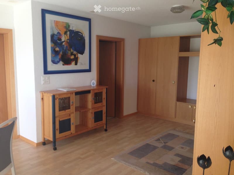 A modern, well-lit room with wooden flooring, a wooden cabinet, a chair, and a colorful picture frame on the wall.