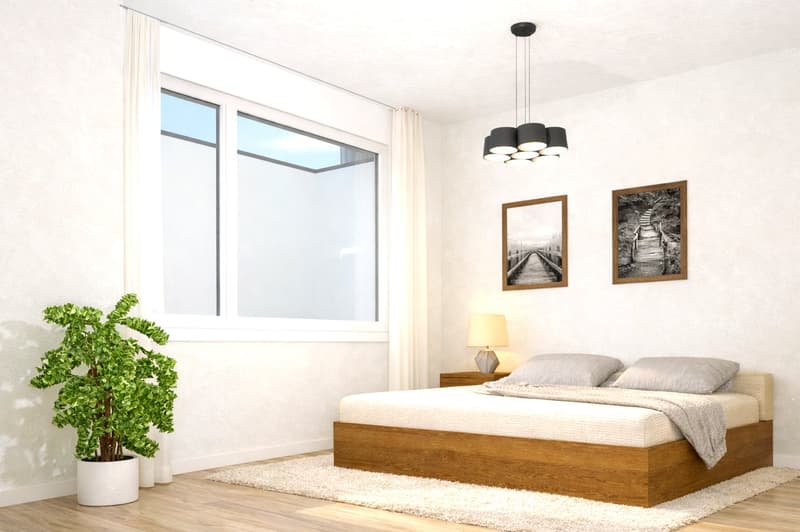 Modern bedroom with a wooden bed, nightstand, table lamp, potted plant, and two framed pictures on the wall.