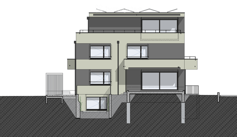 3 floors, ground floor has garage, windows, balcony, upper floors have multiple windows and balconies
