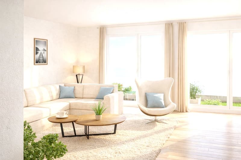Modern living room with a light-colored sectional sofa, two coffee tables, a white armchair, a table lamp, and a potted plant on the floor.