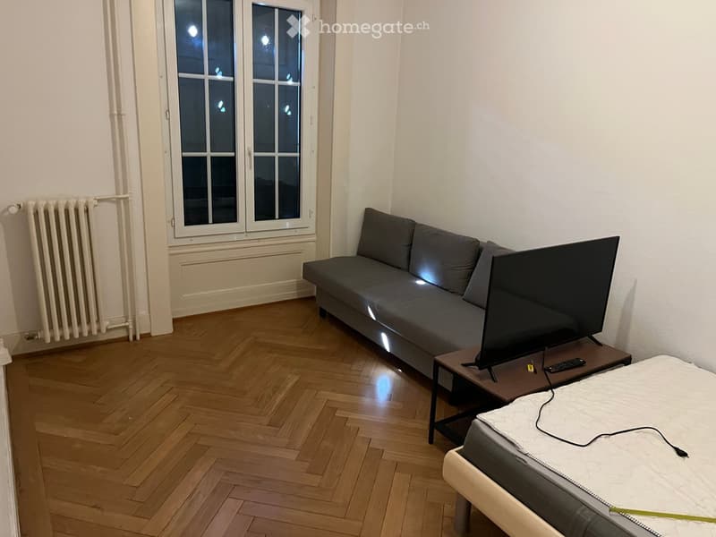 A modern, furnished room with a grey sofa, a small wooden table holding a TV, and a bed with a white mattress and grey bedding.