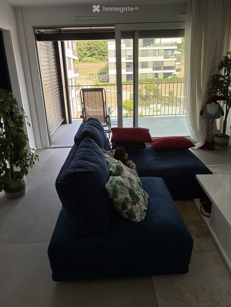 Modern living room with a dark blue sectional sofa, colorful pillows, a small table, and plants near the sliding glass doors leading to a balcony.