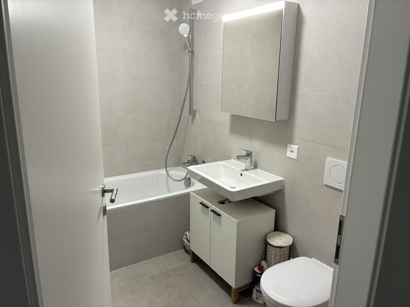 Modern bathroom with a bathtub, sink, mirror, and toilet. Features a white cabinet under the sink and a showerhead above the bathtub.