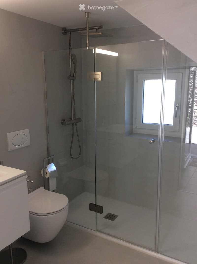 modern shower enclosure, full glass walls, built-in light, stainless steel fixtures, white floor, white ceiling, white cabinet, white toilet, window, white countertop