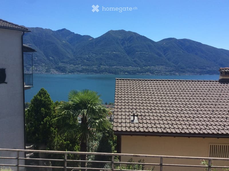 lake view from a balcony, mountains in the distance