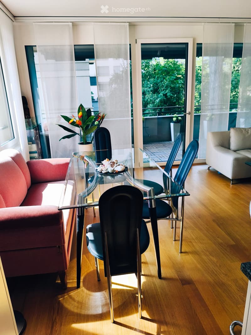 Modern living room with wooden flooring, a glass dining table, blue chairs, a red sofa, and a flower pot near the window. The room has large windows and a view of a balcony.