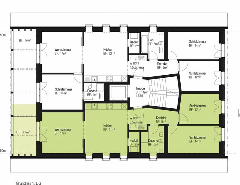 Floor plan of a two-story house with living room, kitchen, bedrooms, bathrooms, and corridors.