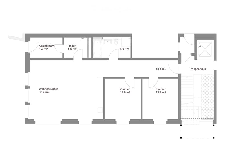 Floor plan showing a 38.2 m² living/dining area, two13.9 m² bedrooms, a 6.9 m² kitchen, a 4.6 m² dressing room, a 6.4 m² storage room, and a staircase.