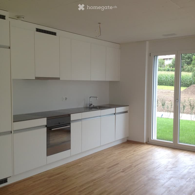 Modern kitchen with white cabinets, wooden flooring, and a large window overlooking a green area.
