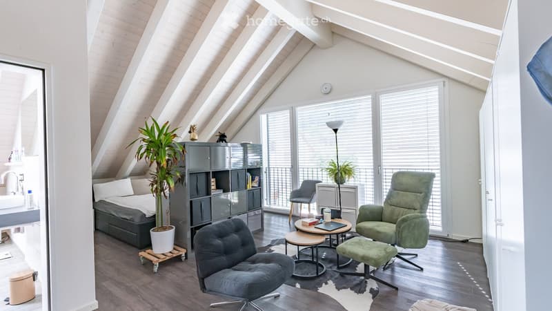 Loft-style living space with slanted wooden ceilings, large windows, and a balcony. Features a sofa, chairs, a coffee table, a laptop, a potted plant, and a storage cabinet.