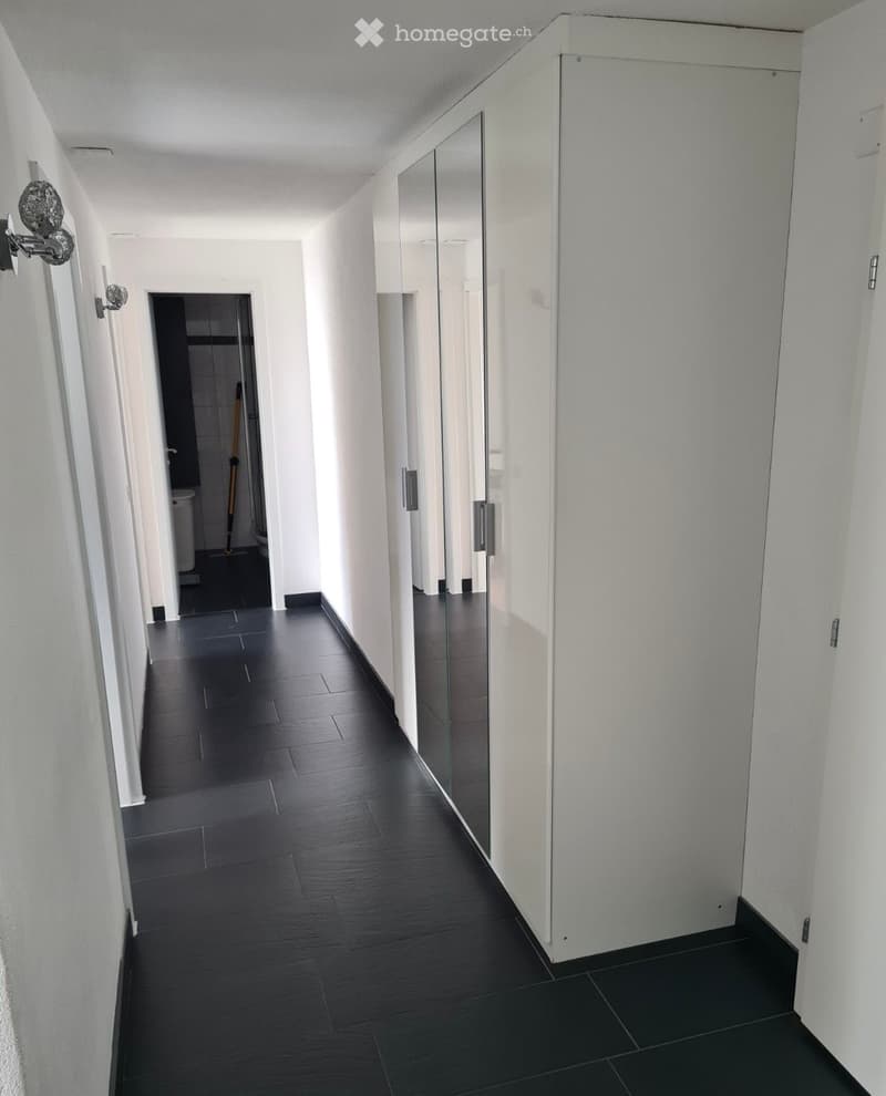 Modern hallway with dark tiled flooring, white walls, and several doors leading to rooms. A broom is visible in one of the rooms.
